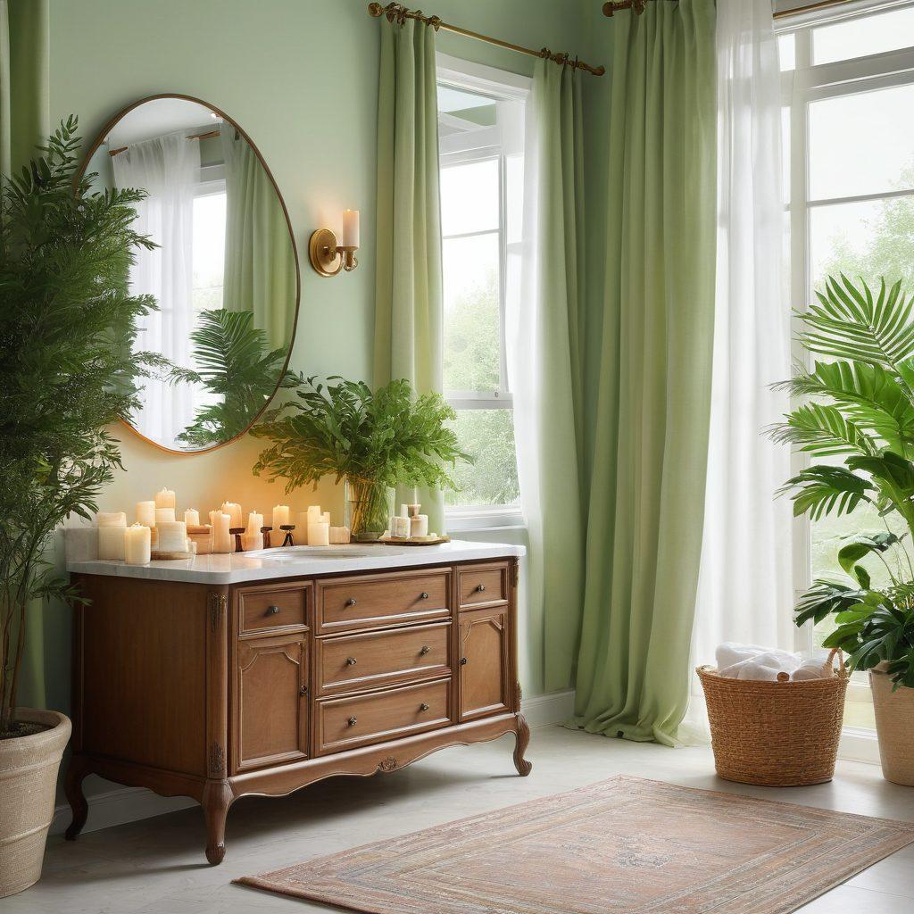 A serene bathroom setting showcasing a beautifully arranged vanity with Aloette's beauty products displayed elegantly. Soft natural light filtering through sheer curtains illuminates the scene, enhancing the vibrant packaging of the products. Incorporate lush green plants and delicate candles to evoke a sense of tranquility and luxury. The overall atmosphere should convey a sophisticated self-care ritual. super-realistic. vibrant colors. soft pastels.