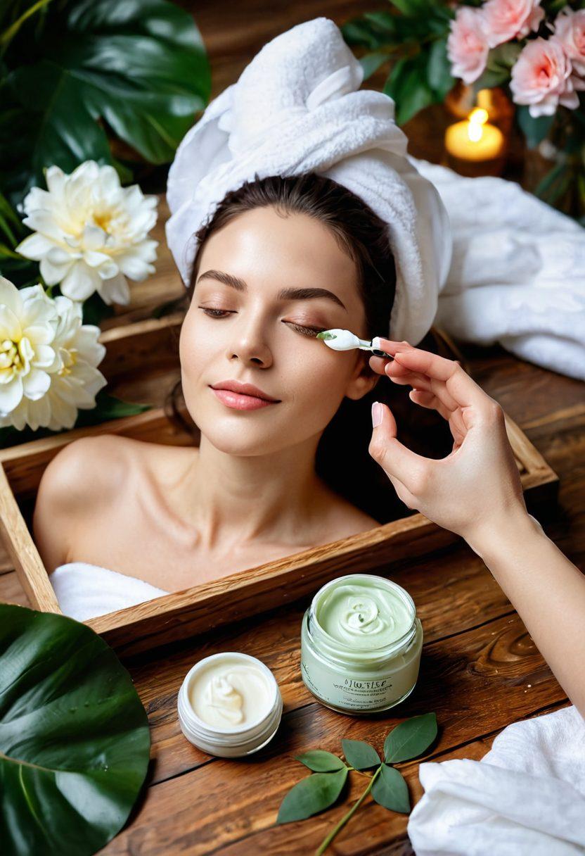 A serene spa setting showcasing a variety of Aloette's natural skincare and premium cosmetics products on a wooden table surrounded by fresh flowers and greenery. Soft sunlight filtering through the leaves, illuminating the textures of the products and enhancing their luxurious appeal. A person gently applying a cream to their face, exuding happiness and tranquility. Illustrative elements capturing the essence of joy and beauty in nature. super-realistic. vibrant colors. soft focus.