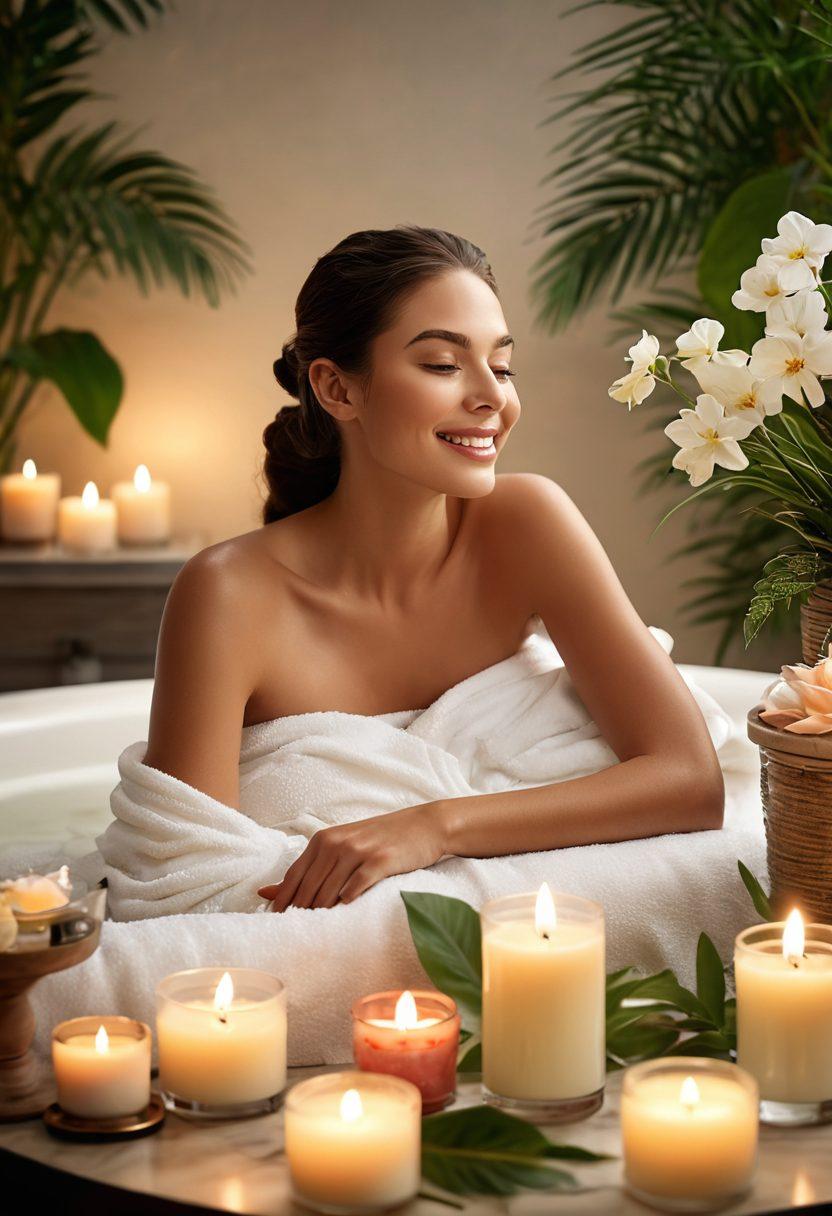 A luxurious spa setting with elegant candles and soft textures, featuring a joyful woman enjoying a luxurious facial treatment infused with Aloette Beauty products. Surround the scene with lush greenery and delicate flowers to evoke a sense of tranquility and indulgence. The lighting should be warm and inviting, creating a serene atmosphere. super-realistic. vibrant colors. soft focus.
